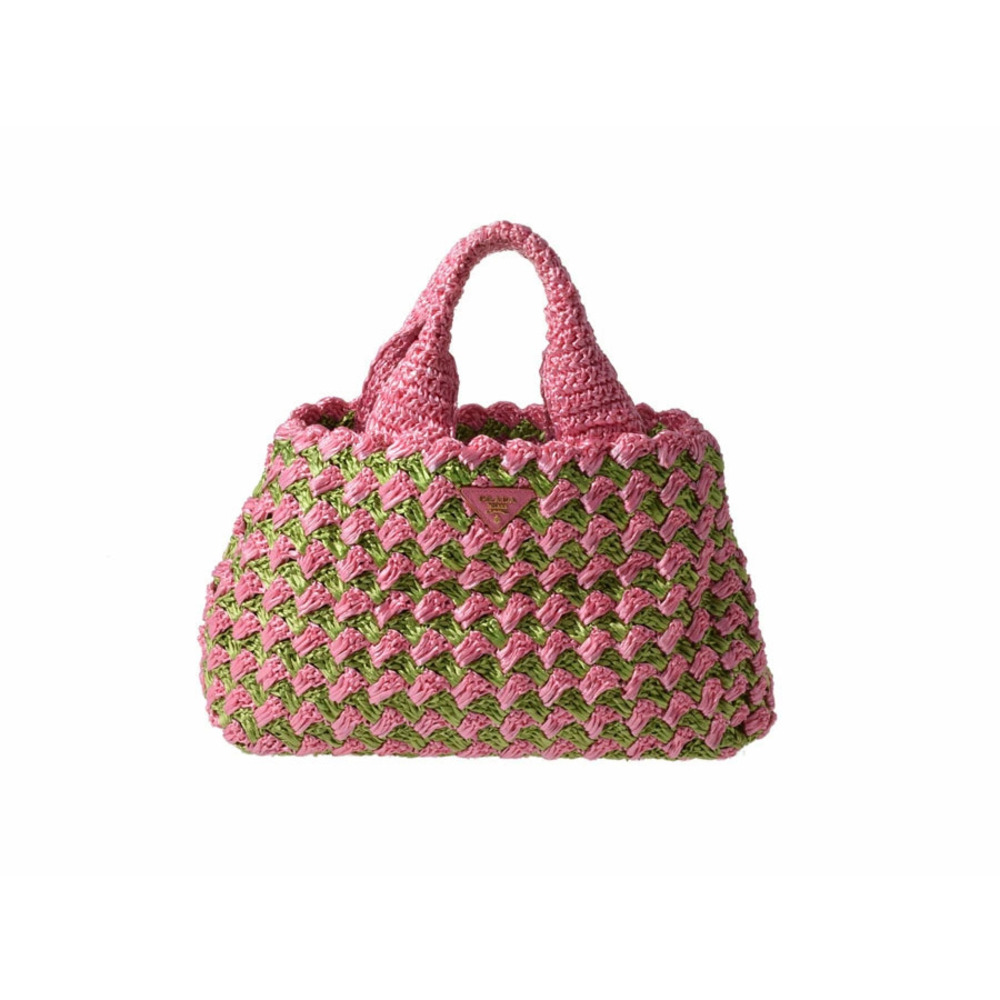 Prada raffia tote bag pink green